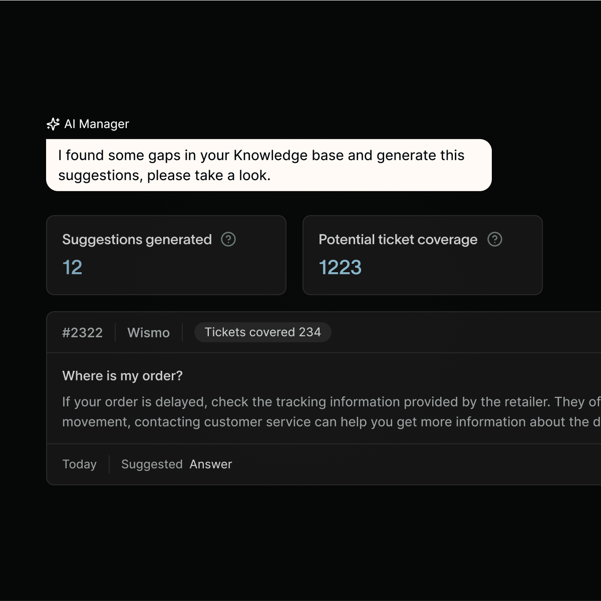 AI Manager knowledge suggestions interface showing recommendations for content improvements based on customer conversation analysis